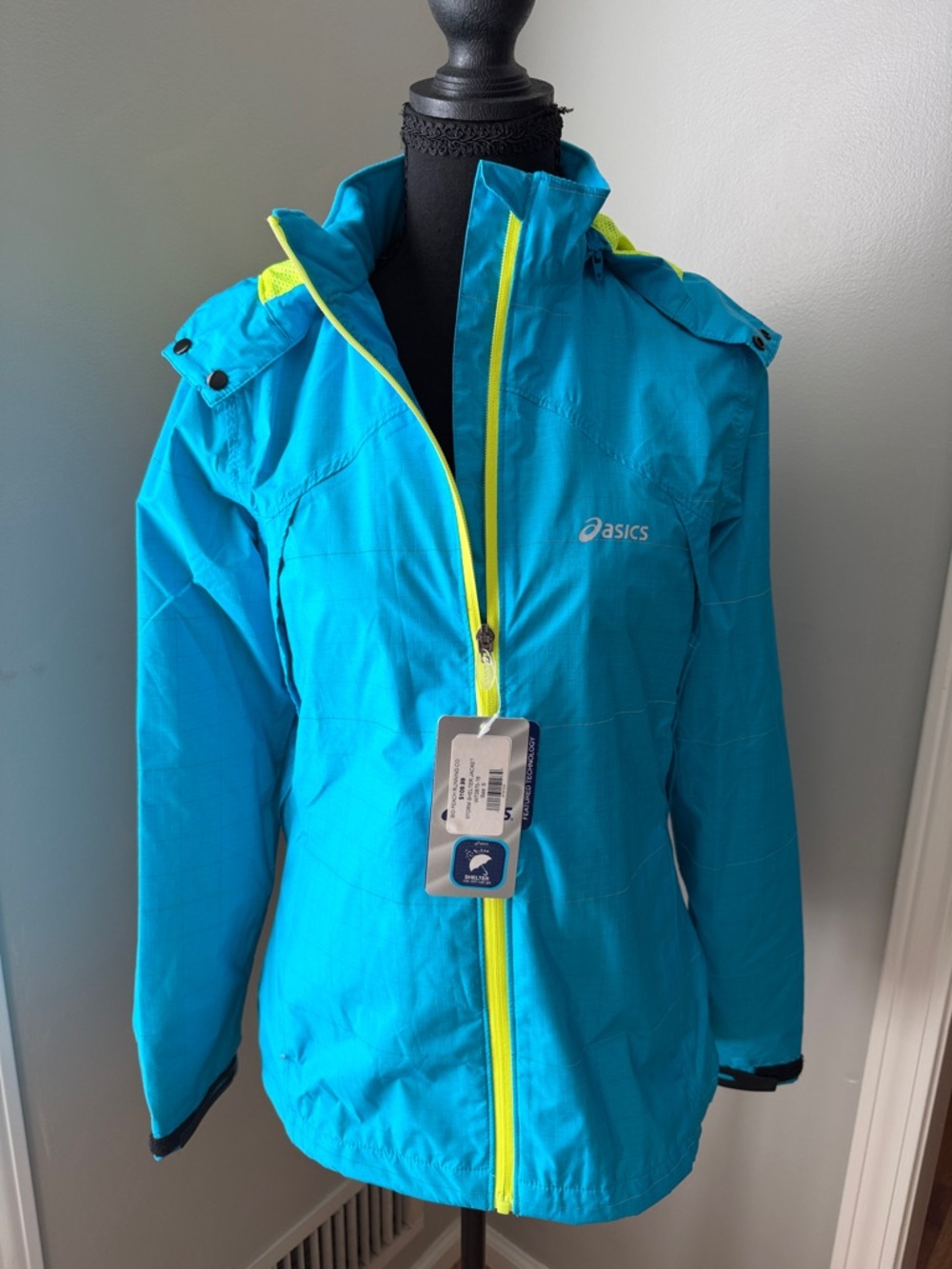 ASICS Teal Blue Kids' Rain Jacket with Neon Yellow Trim